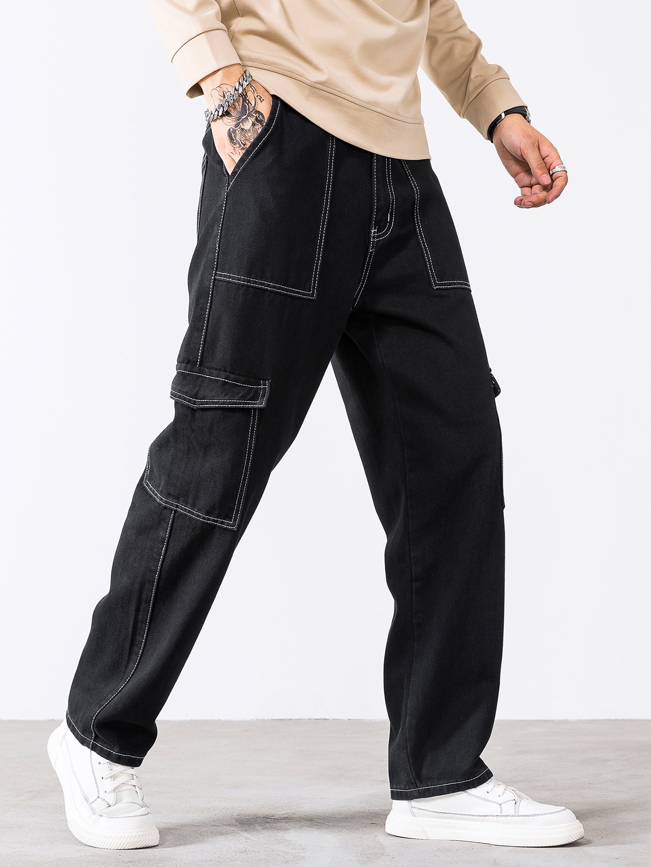 Johnny Black Contrast Stitch Cargo Pants