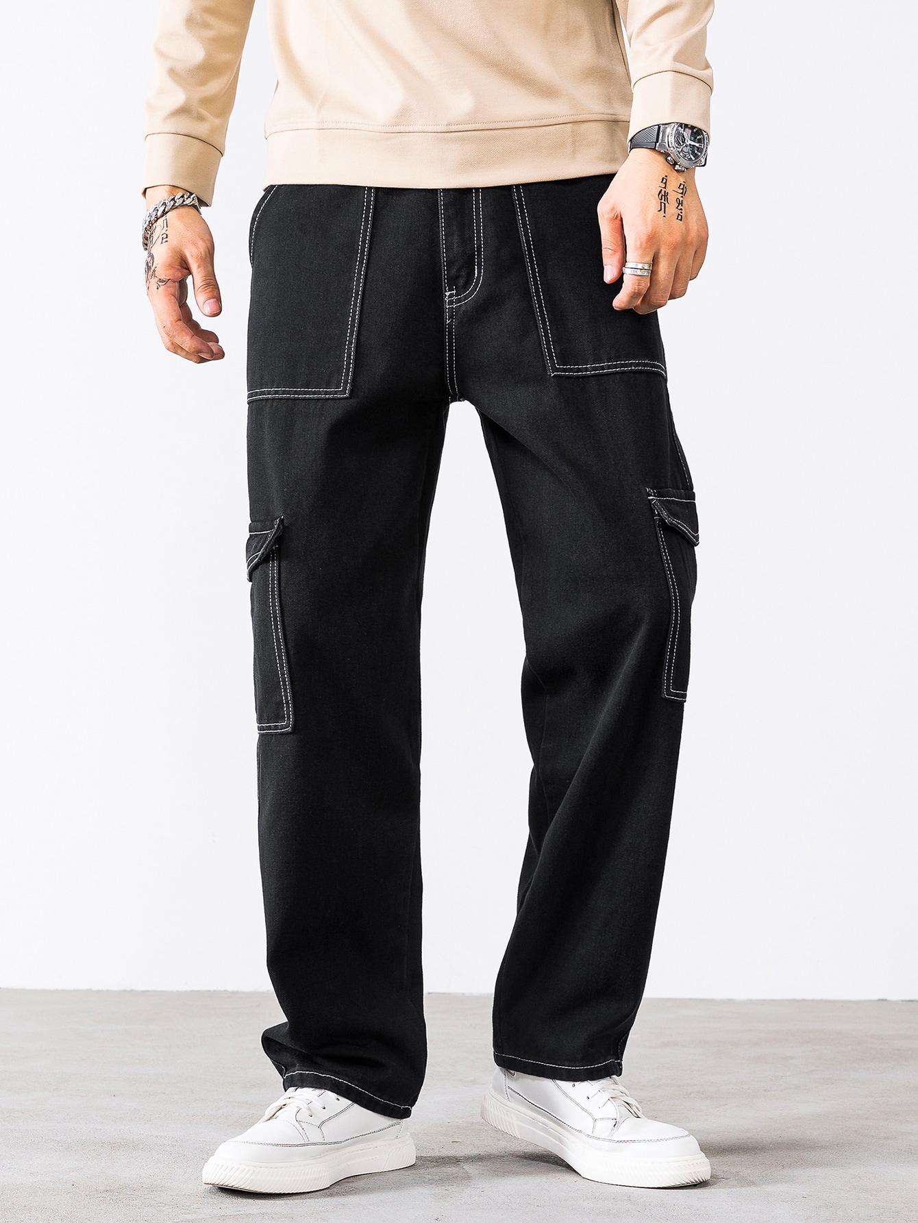 Johnny Black Contrast Stitch Cargo Pants - Image 2