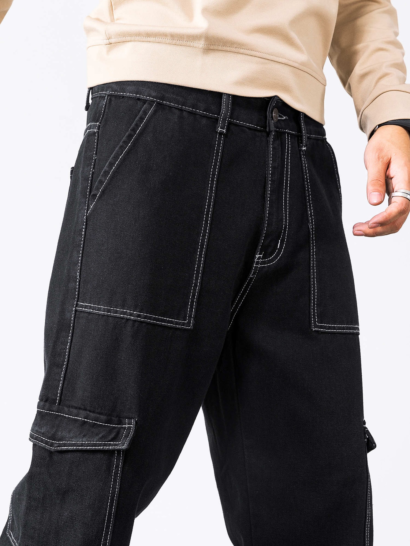 Johnny Black Contrast Stitch Cargo Pants - Image 3