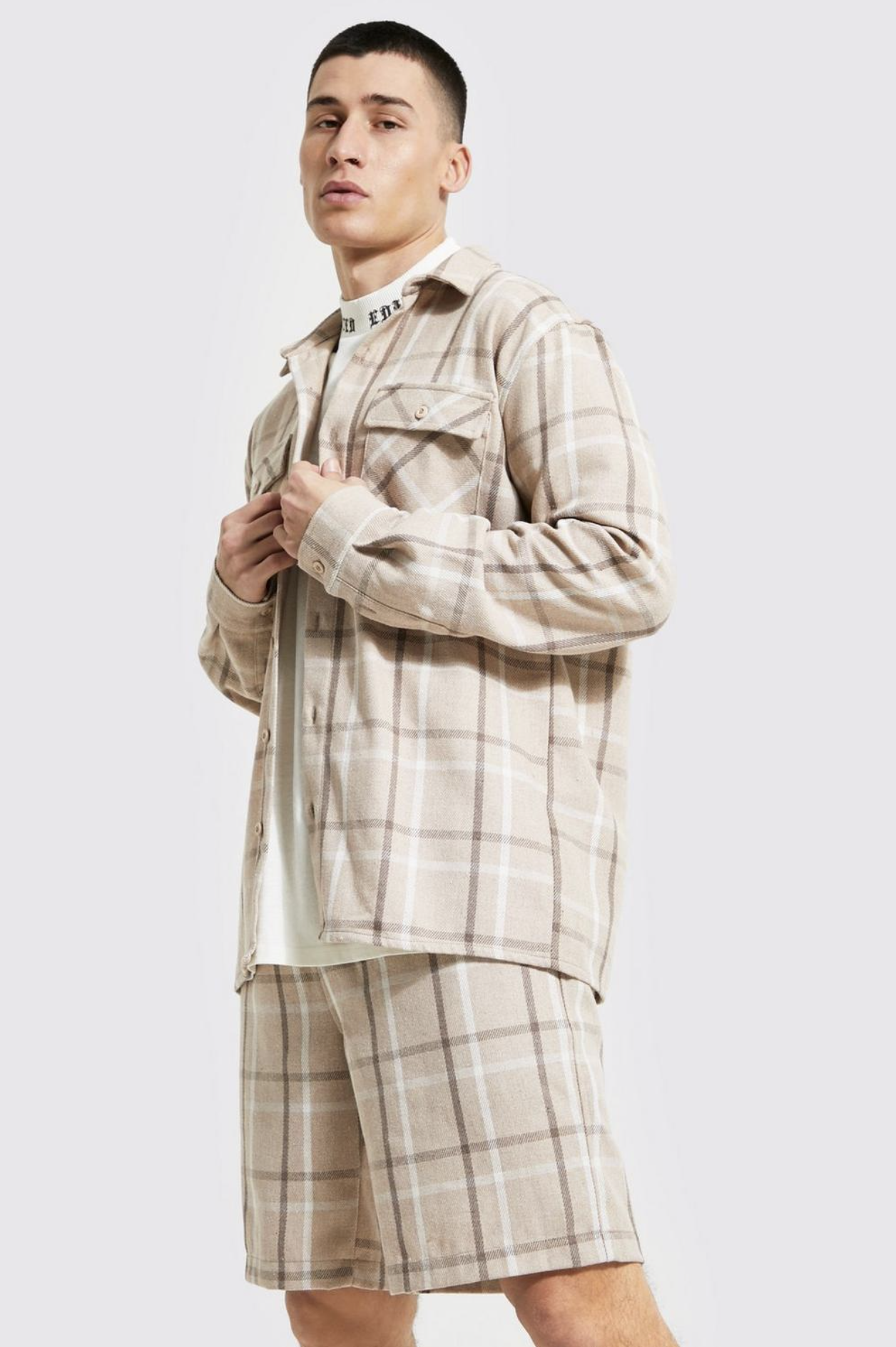 Beige Check Shirt & Shorts Set