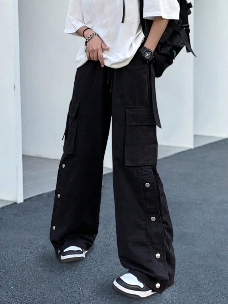 Bowie Black Oversized Silver Buttoned Cargo Pants