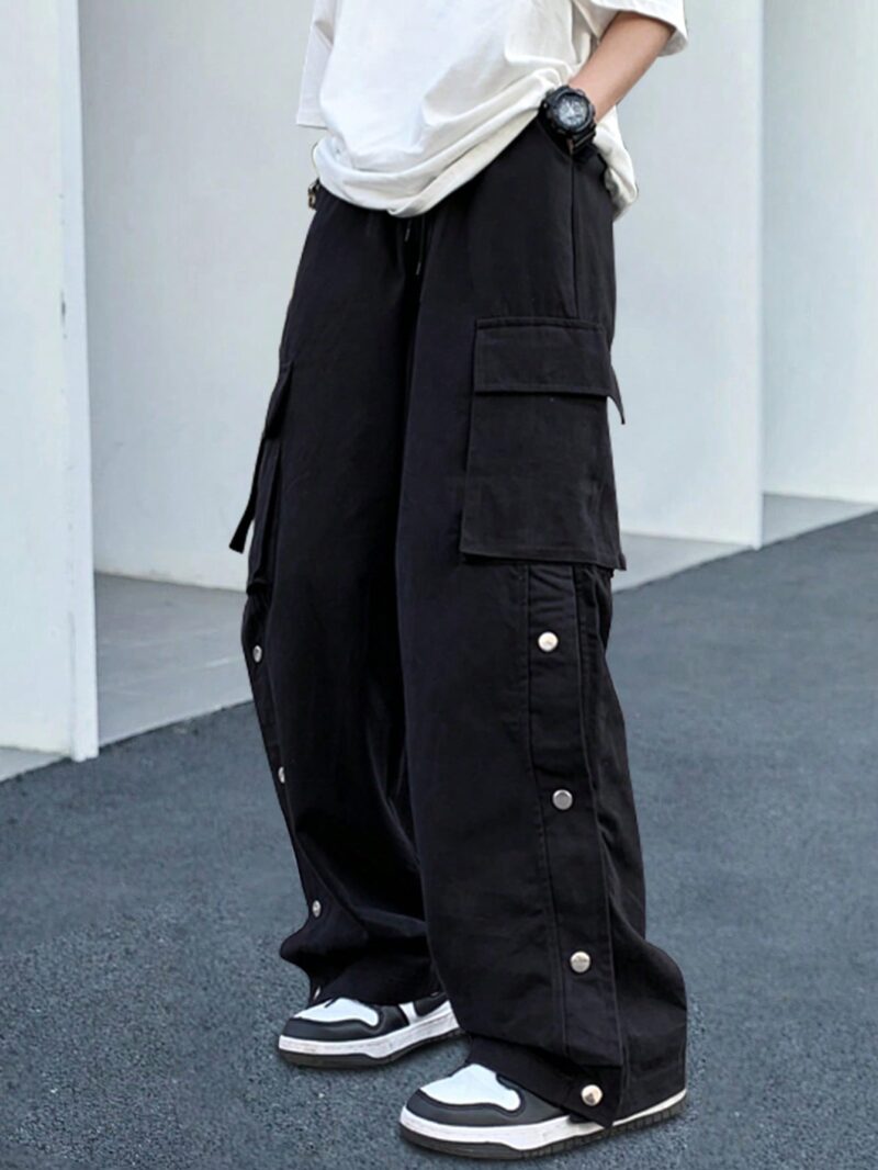 Bowie Black Oversized Silver Buttoned Cargo Pants - Image 2