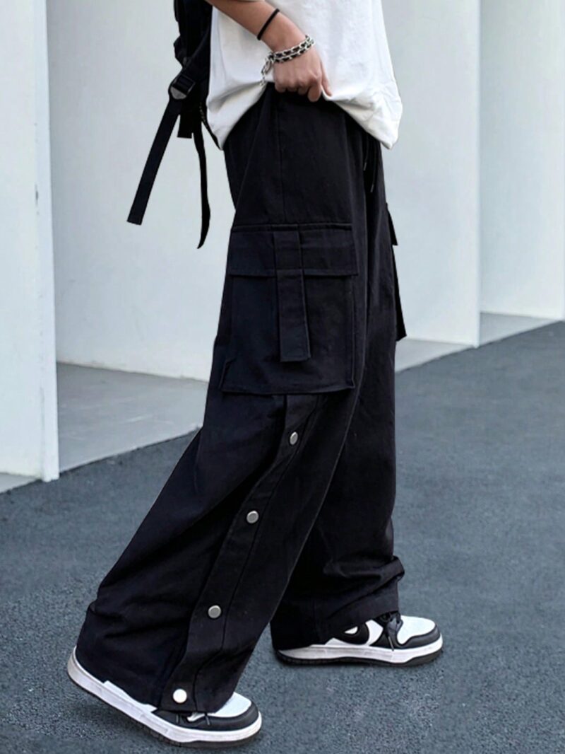 Bowie Black Oversized Silver Buttoned Cargo Pants - Image 5