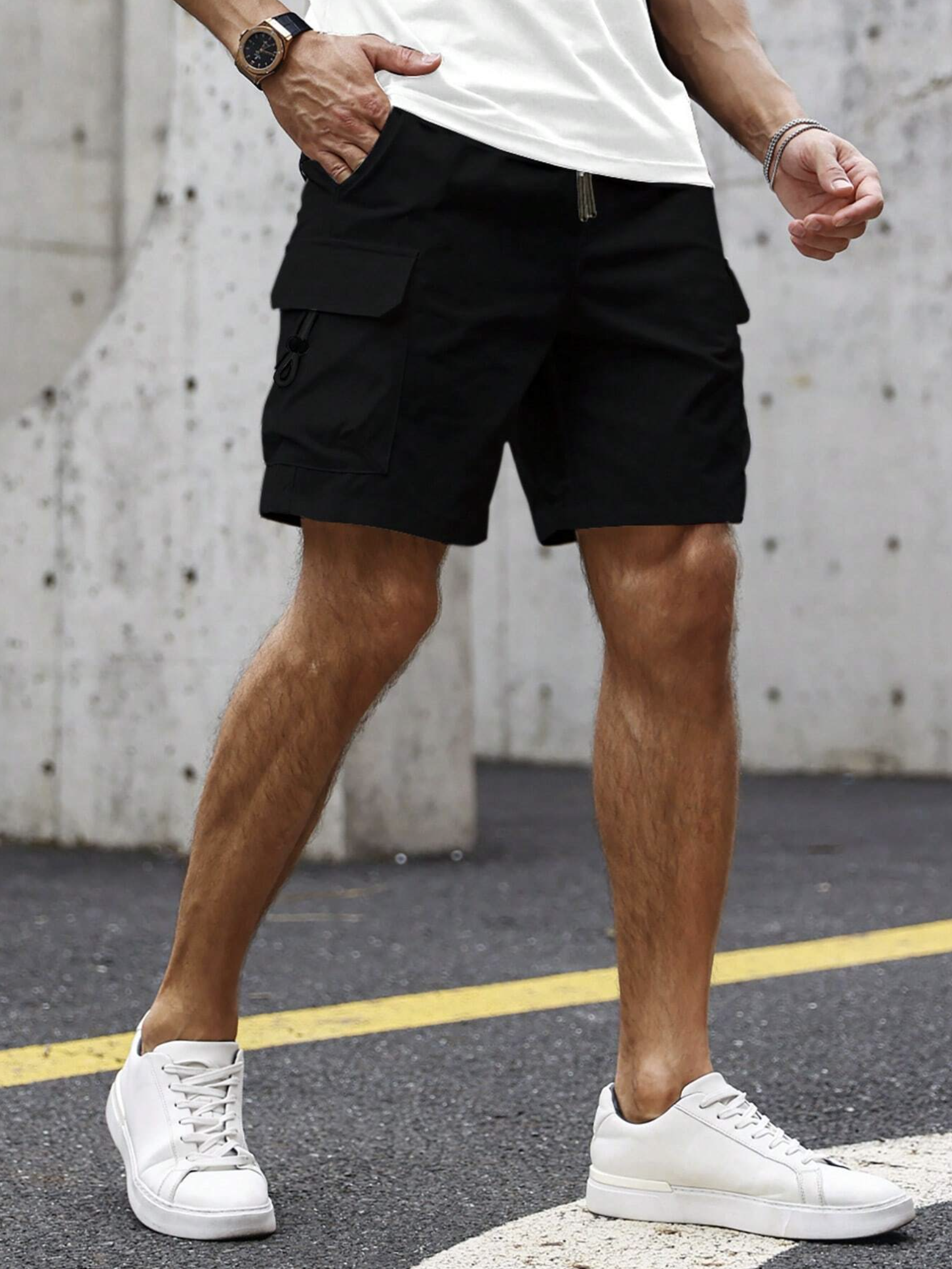 Sandy Black Cargo Pocket Cotton Shorts