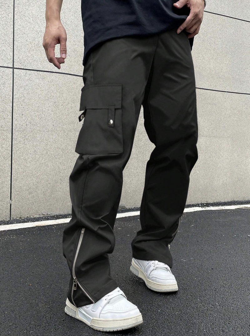 Keaton Black Flap Pocket Zipper Cargo Pants