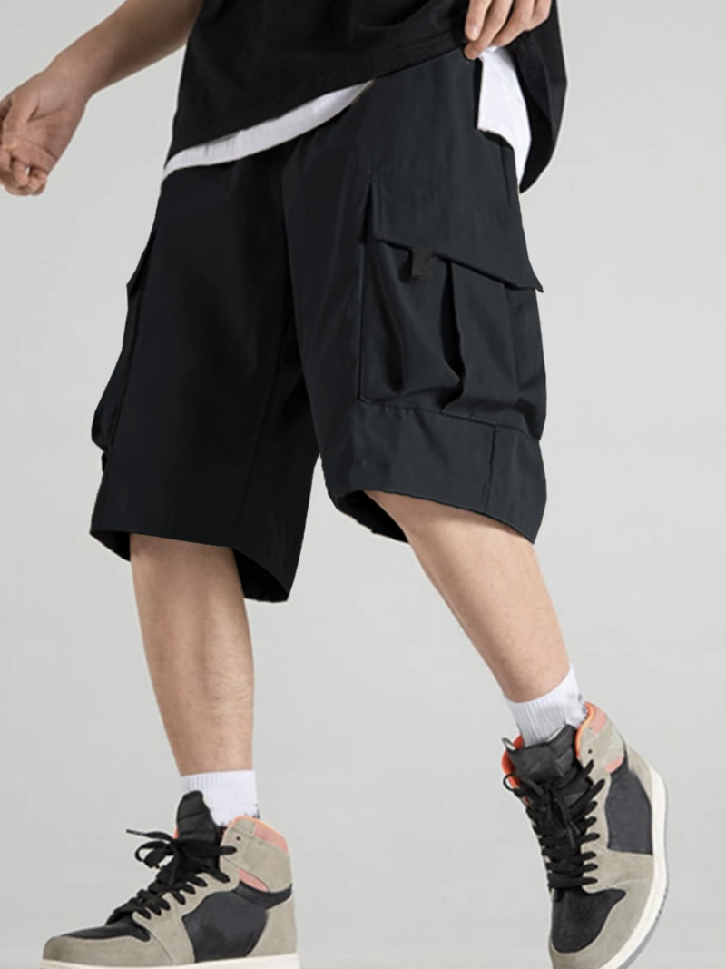 Jones Black Flap Pocket Drawstring Waist Oversize Cargo Shorts