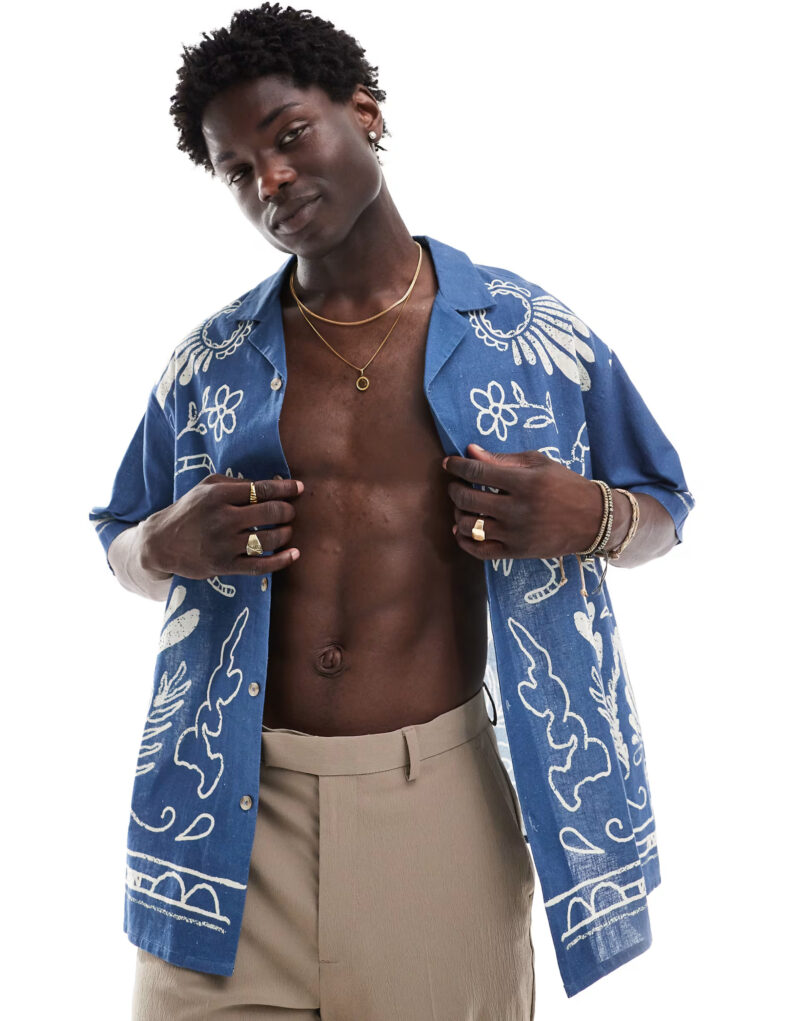 Lance Blue Floral Border Print Oversized Shirt