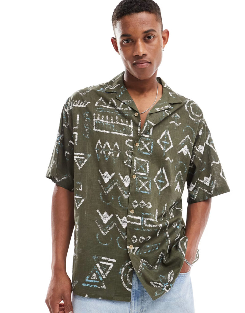 Vicky Khaki Abstract Print Relaxed Fit Shirt