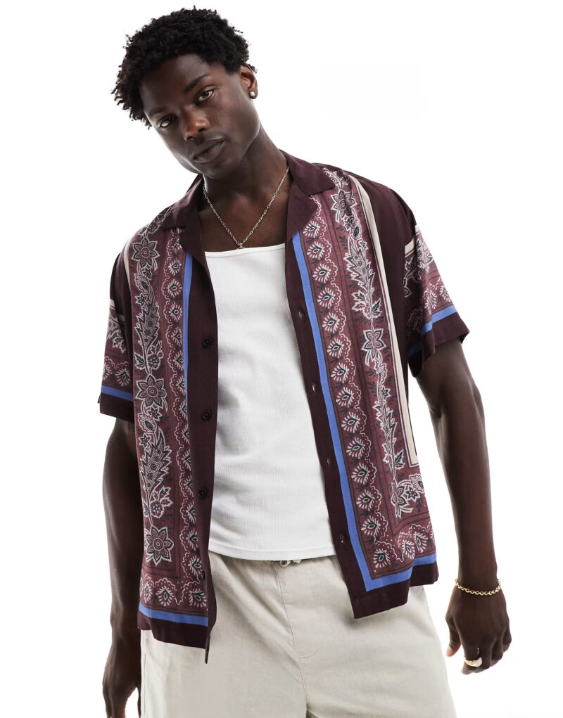 Cole Brown Floral Border Print Relaxed Fit Shirt