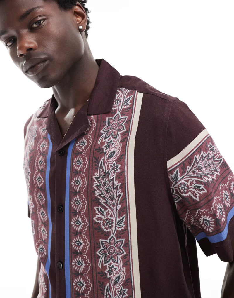 Cole Brown Floral Border Print Relaxed Fit Shirt - Image 2