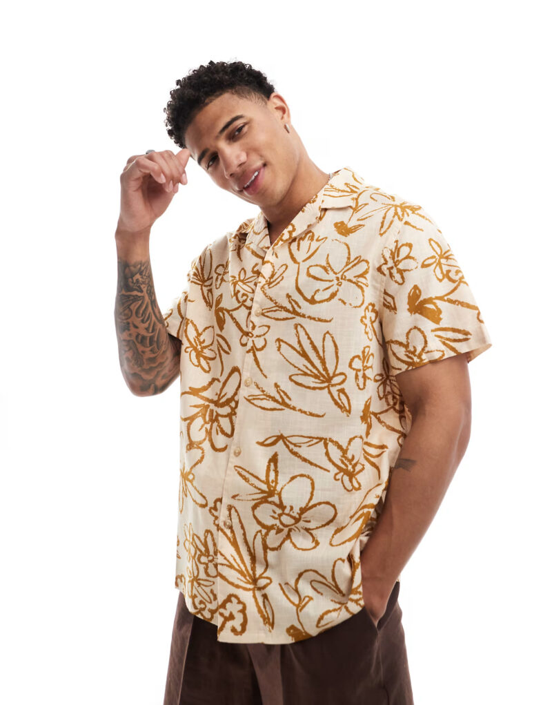 Blanca Camel Floral Print Relaxed Fit Shirt