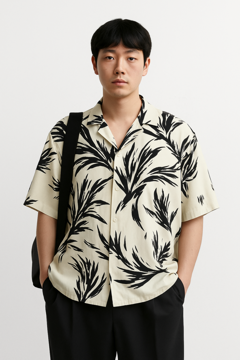 Donny Black Floral Relaxed Fit Creme Shirt