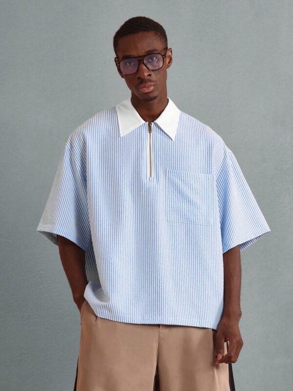 Jerco White Cotton Stripes Quarter Zipper Shirt