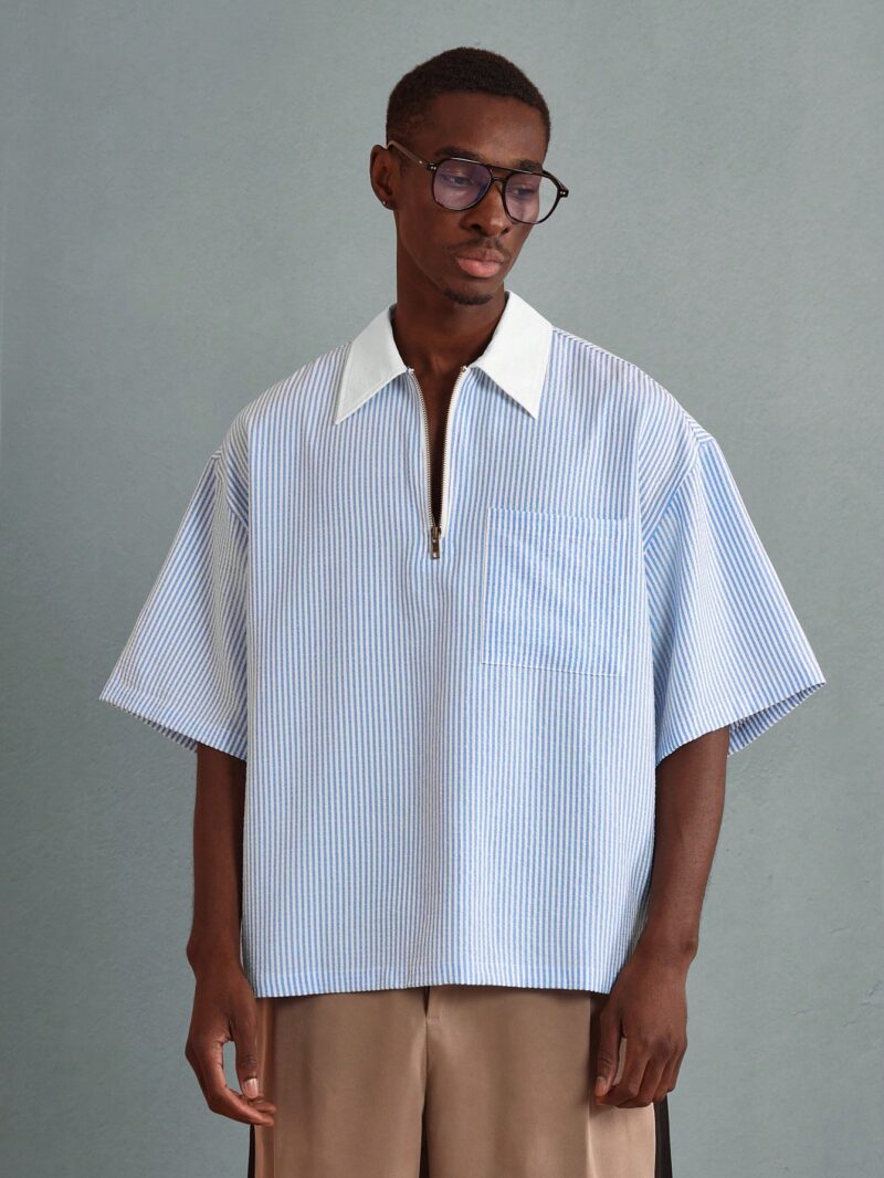 Jerco White Cotton Stripes Quarter Zipper Shirt - Image 2