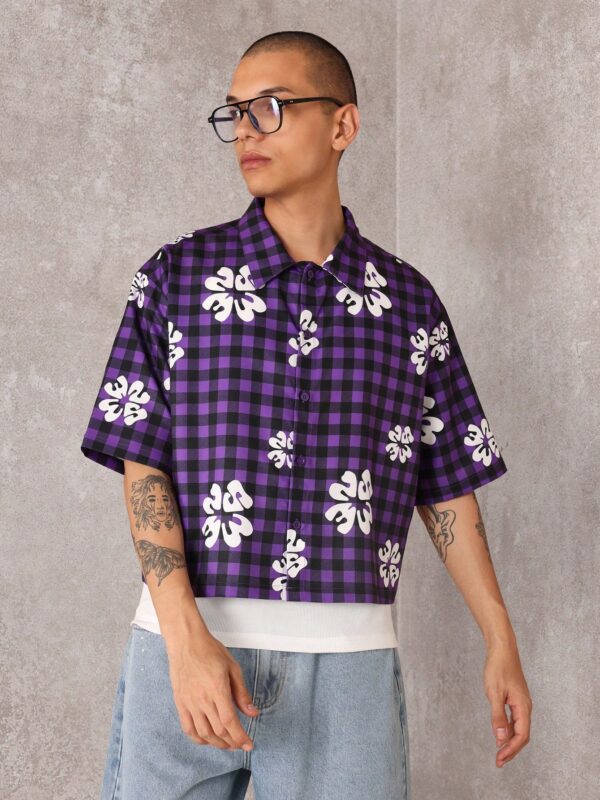 Teddy Blue Check Floral Print Relaxed Fit Shirt