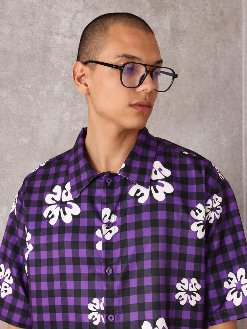 Teddy Blue Check Floral Print Relaxed Fit Shirt - Image 3
