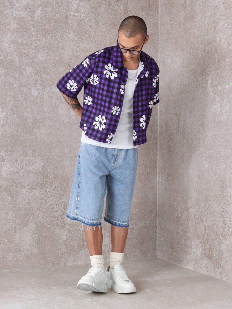 Teddy Blue Check Floral Print Relaxed Fit Shirt - Image 4