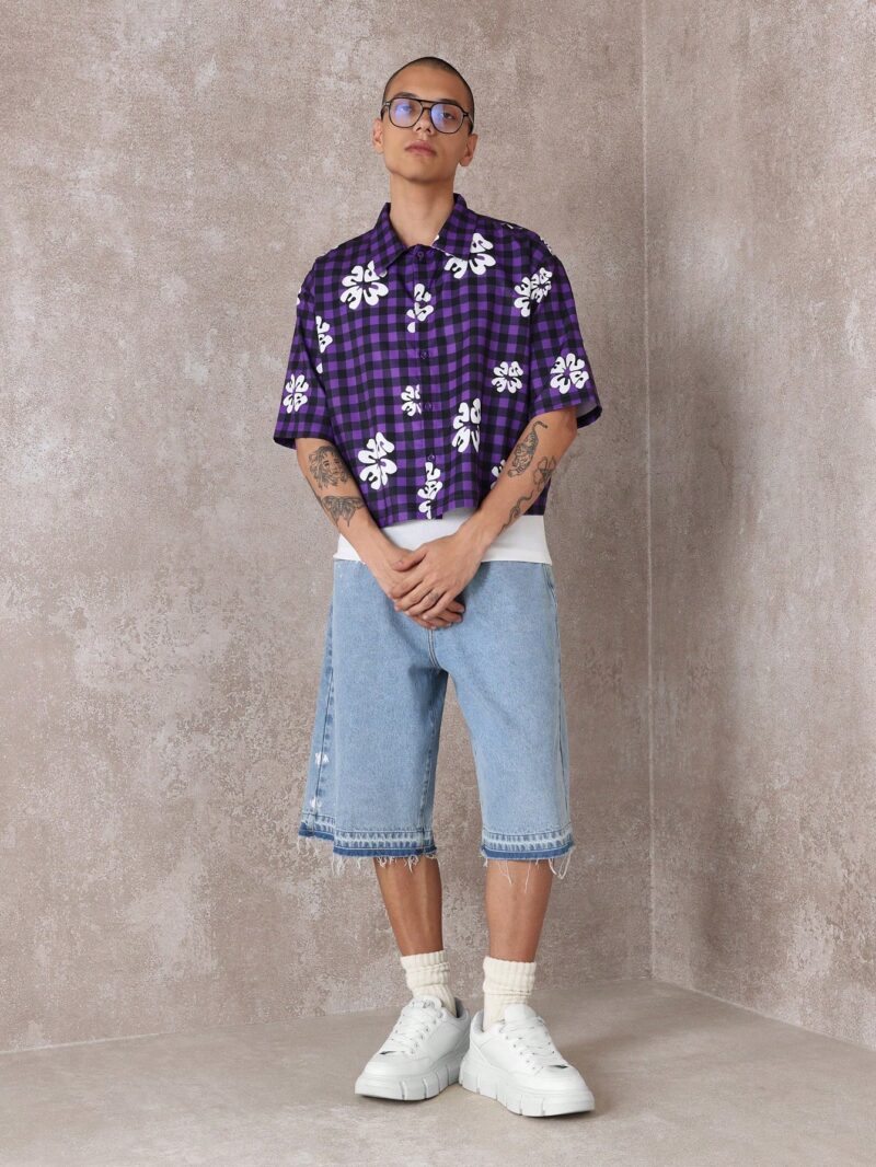 Teddy Blue Check Floral Print Relaxed Fit Shirt - Image 6