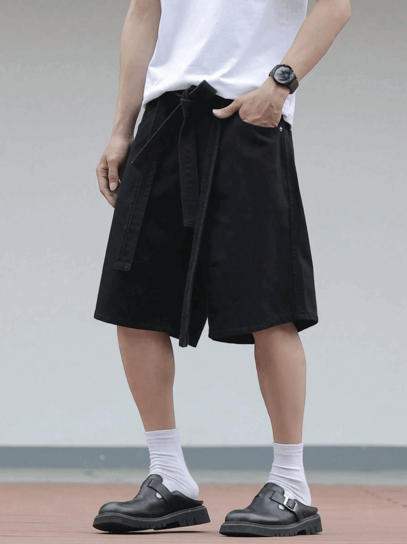 Khay Black Relaxed Fit Belted Cargo Shorts