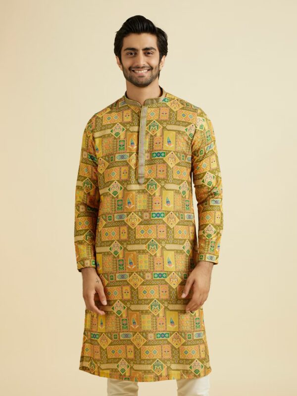 Ajay Green Abstract Print Premium Cotton Full Sleeves Kurta
