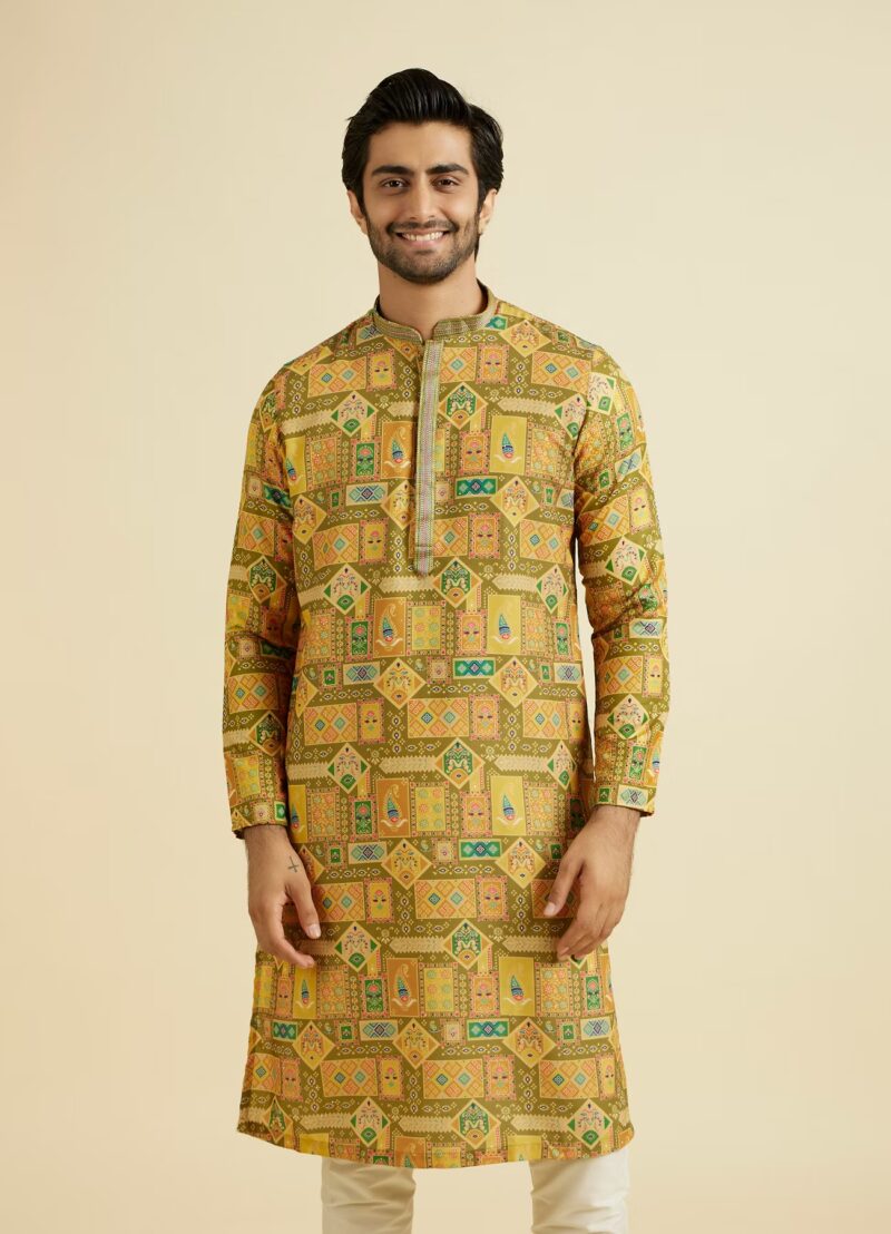 Ajay Green Abstract Print Premium Cotton Full Sleeves Kurta