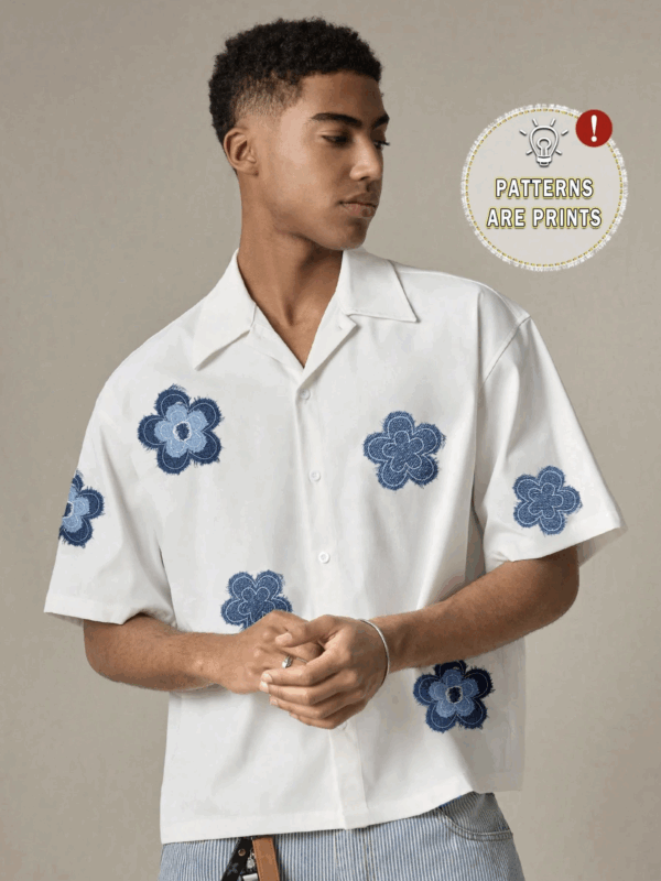 Delson White Floral Embroidery Print Relaxed Fit Shirt