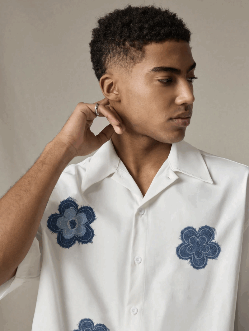 Delson White Floral Embroidery Print Relaxed Fit Shirt - Image 2