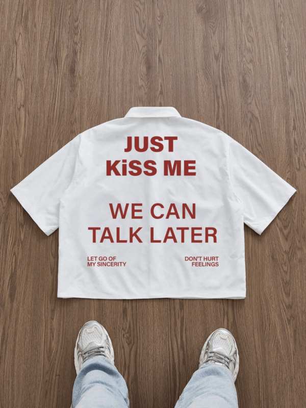 Kiss Me Print Boxy Fit White Cotton Shirt