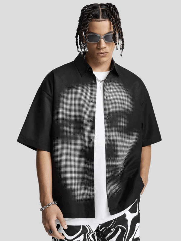 Nexi Black Face Print Relaxed Fit Cotton Shirt