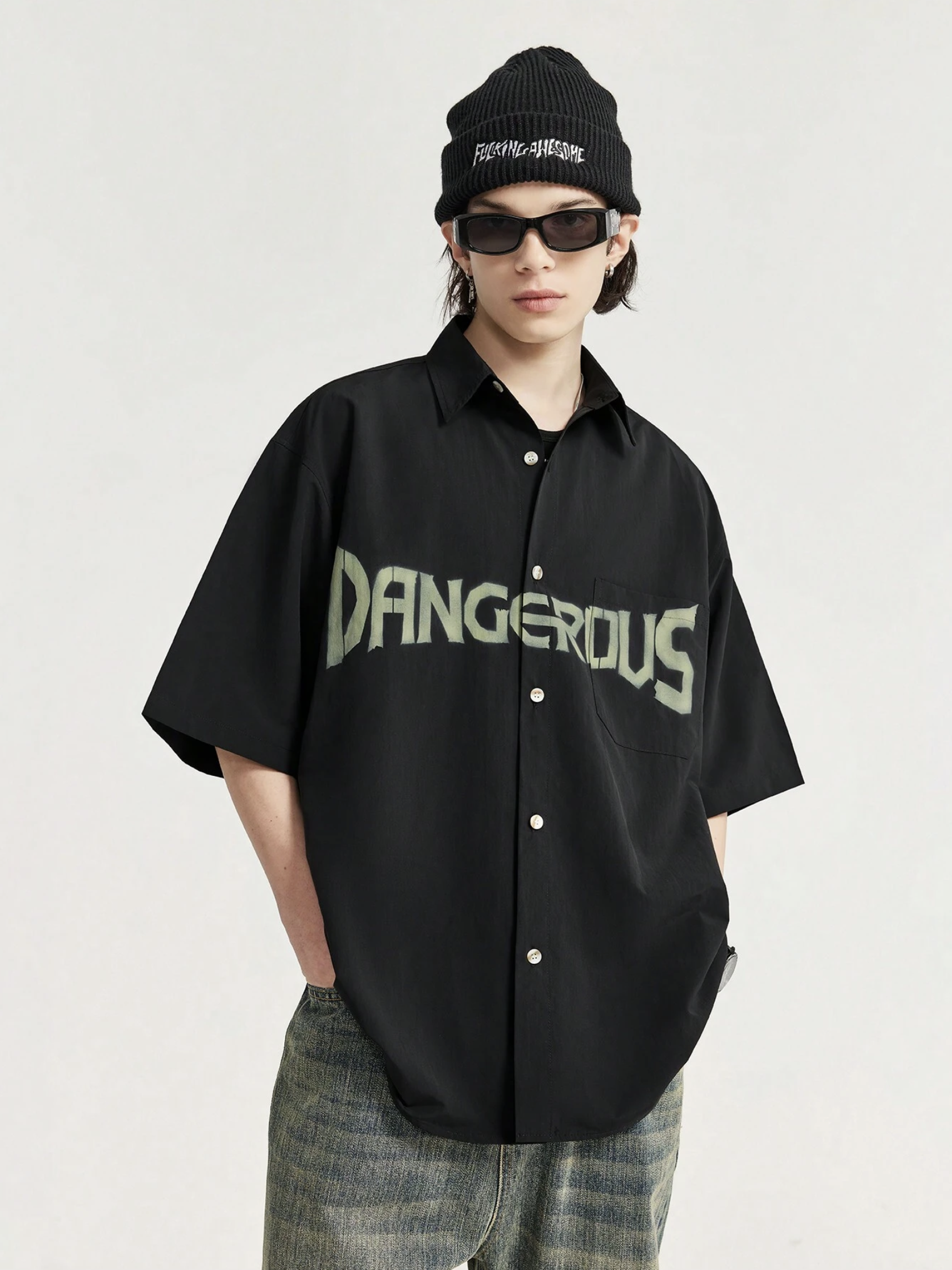Dangerous Print Relaxed Fit Cotton Black Shirt