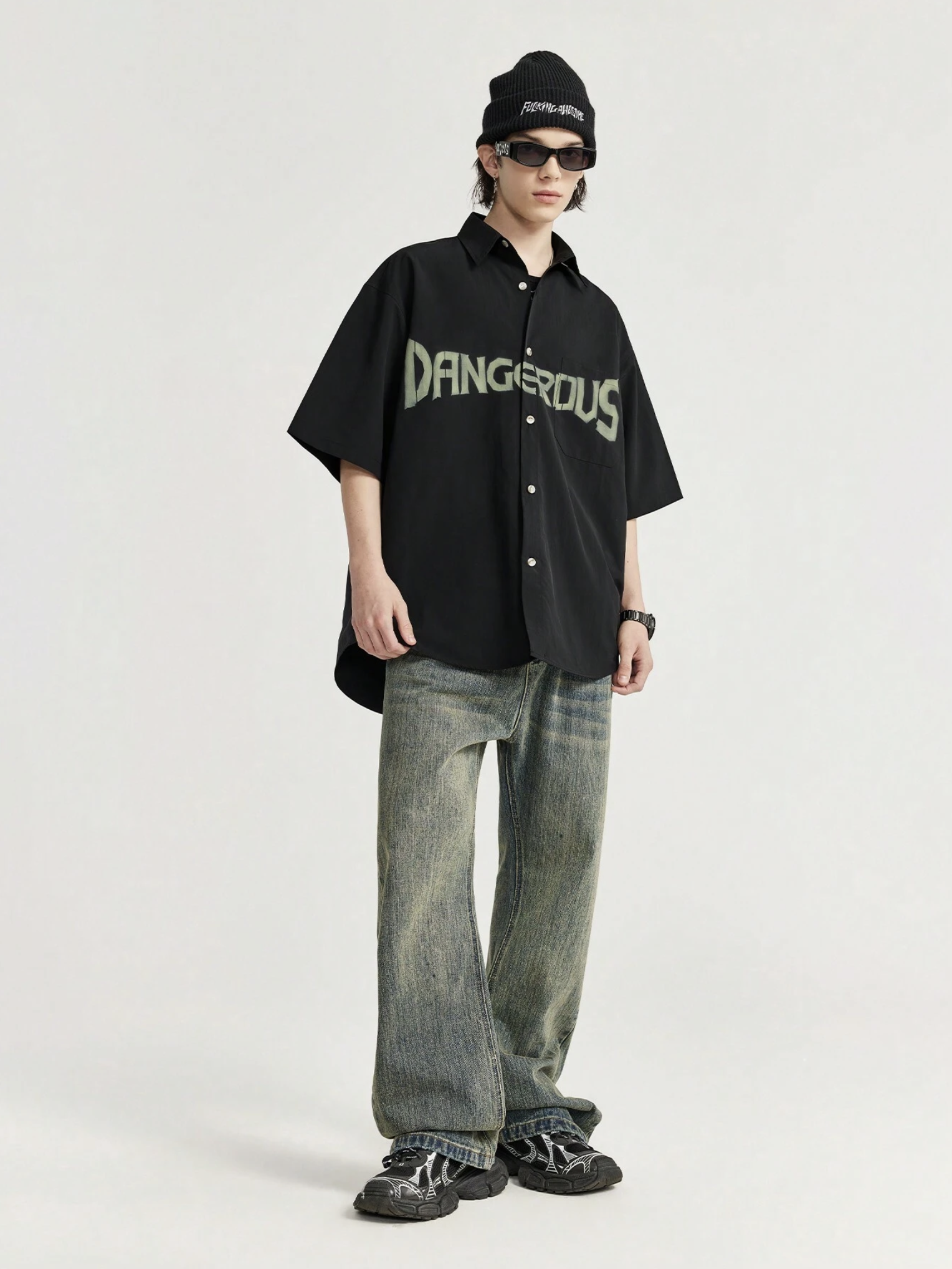 Dangerous Print Relaxed Fit Cotton Black Shirt - Image 3