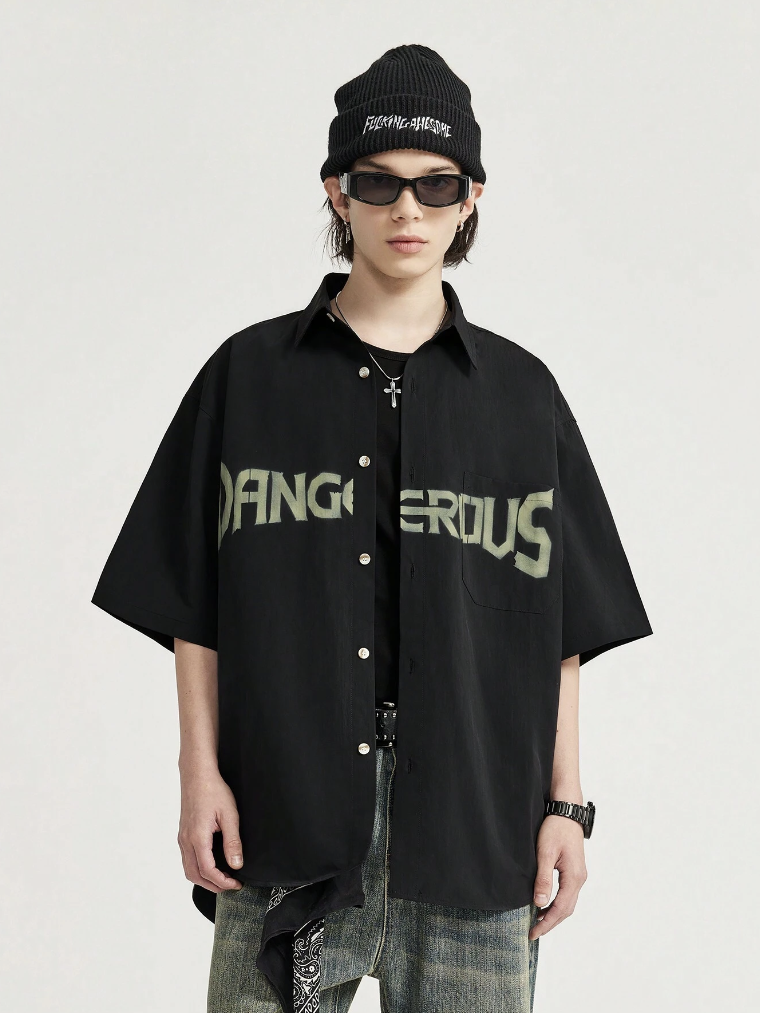 Dangerous Print Relaxed Fit Cotton Black Shirt - Image 5