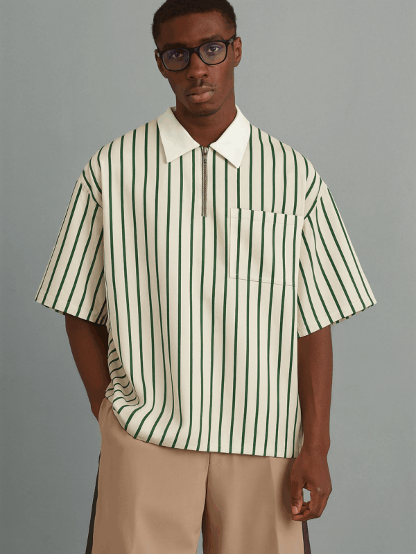 Rico Green Cotton Stripes Quarter Zipper Shirt