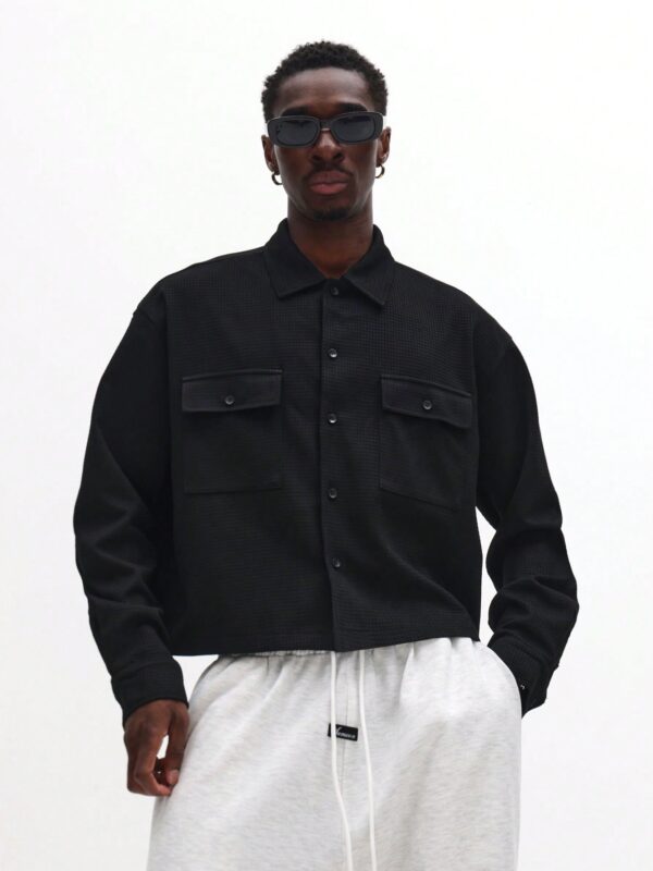 Von Black Waffle Textured Full Sleeves Shacket