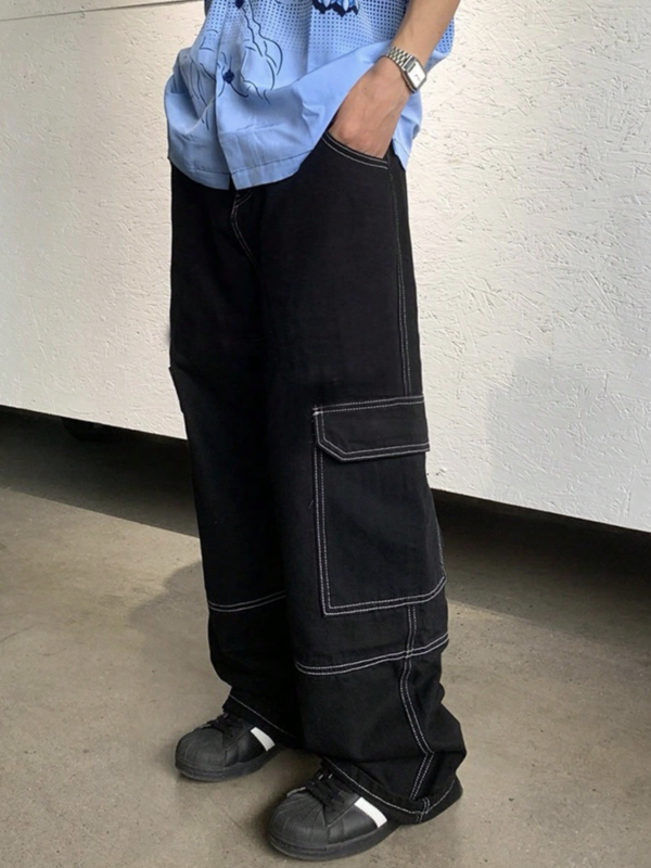 George Black Contrast Stitch Cargo Pants