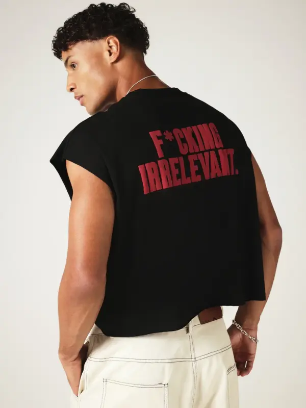 Fkn Irrelevant Print Cropped Black Gym Vest