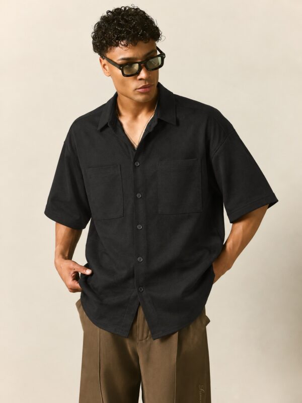 Vicky Black Dual Pocket Relaxed Fit Cotton Terry Shirt