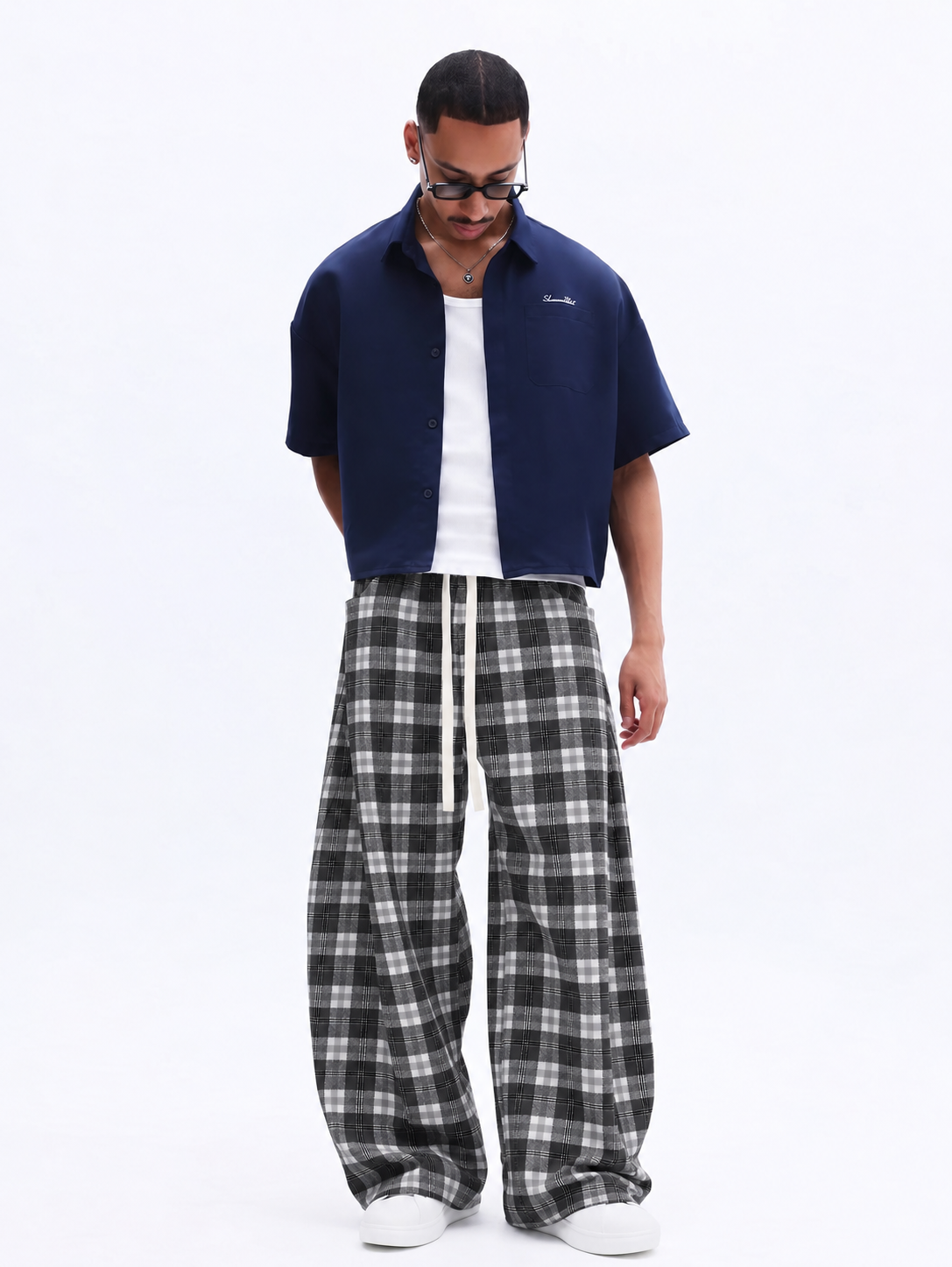 Monochrome Plaid Ultra Wide Leg Pants - Image 4